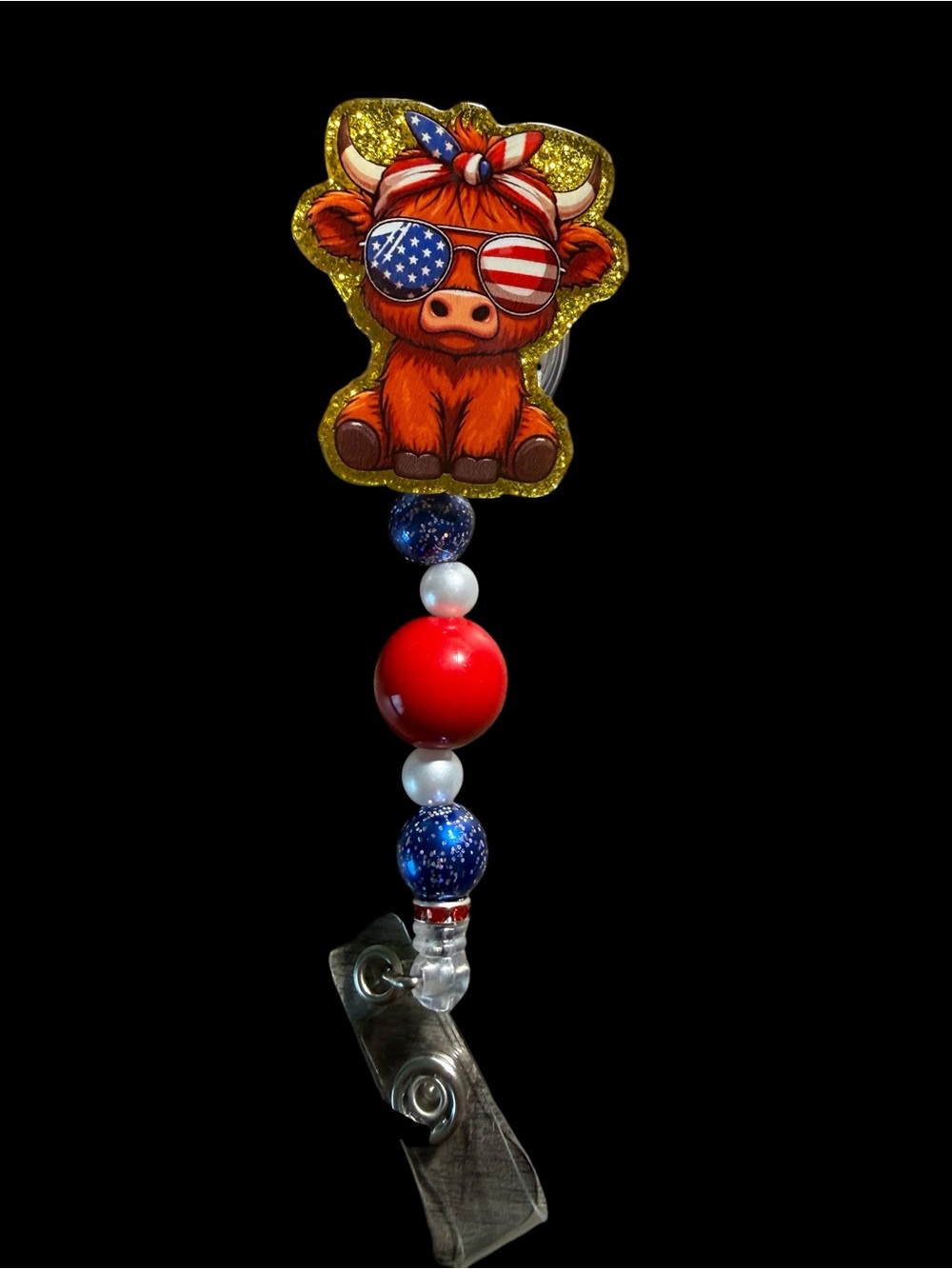 Patriotic Red & Blue Cow Badge Reel Key and Card Holder